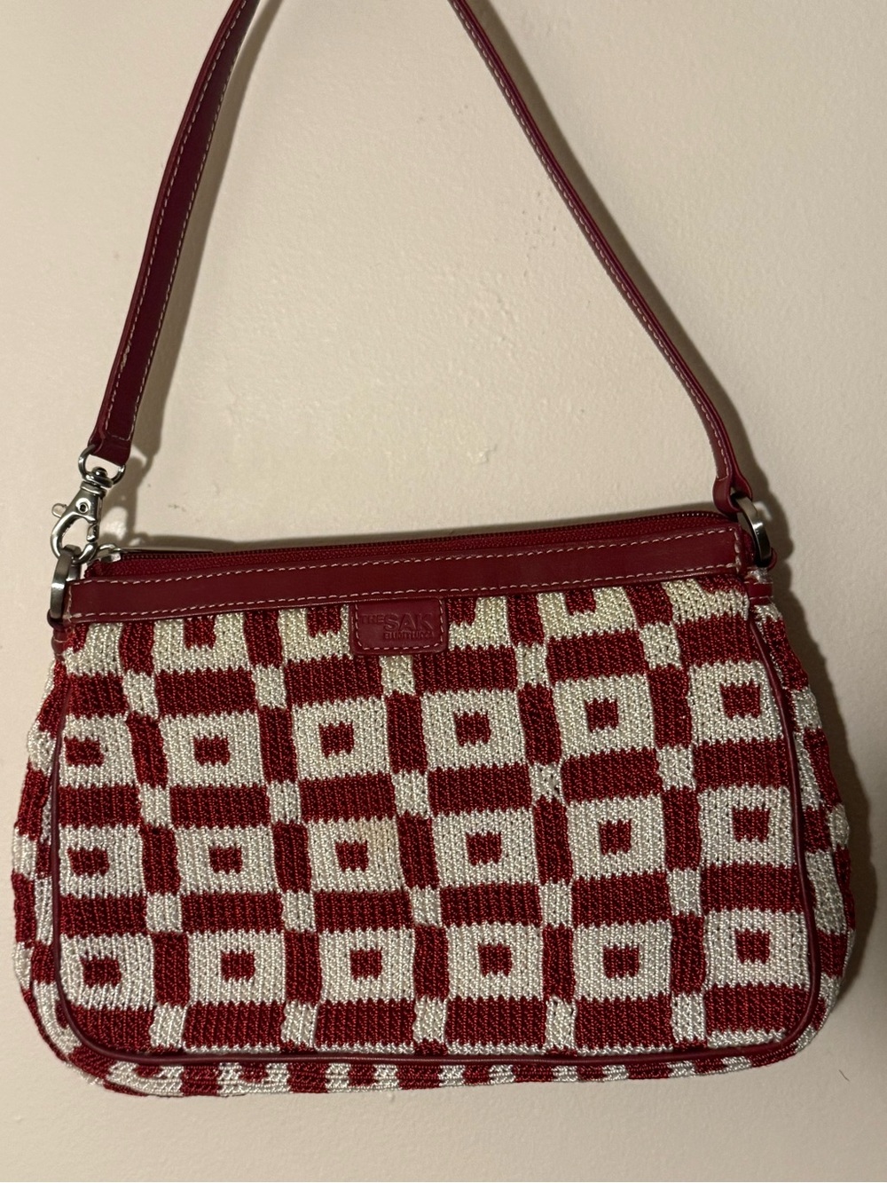 The Sak Red and Cream Geometric Knit Shoulder Bag